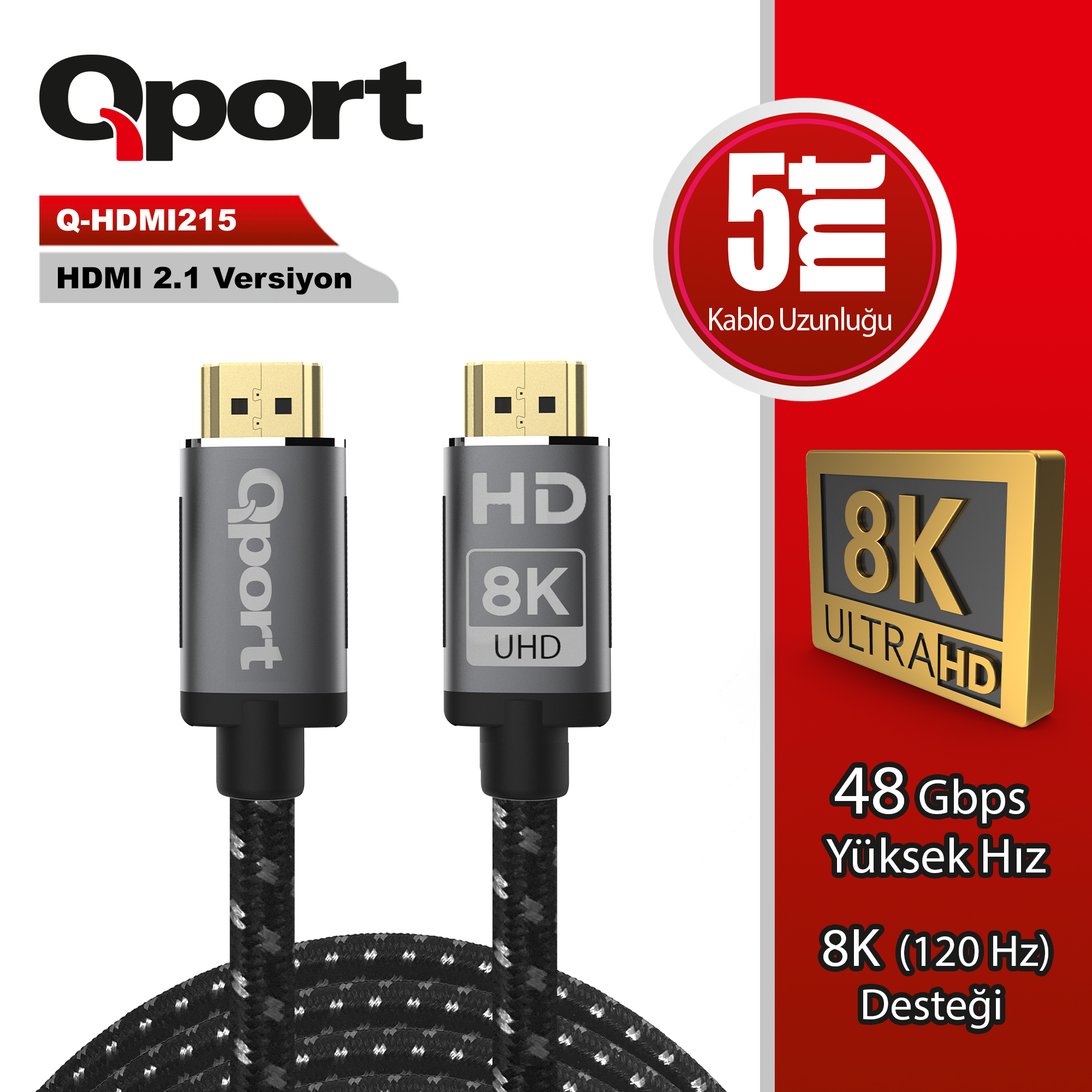 QPORT Q-HDMI215 HDMI KABLO 5 MT 2.1V 8K ALTIN UÇLU ÖRGÜLÜ