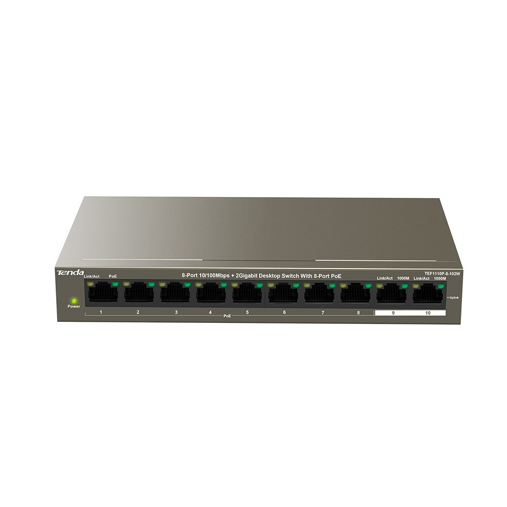 TENDA TEF1110P-8-102W 10 PORT 10/100 8 PORT POE 2 PORT GIGABIT UPLINK 102W YONETILEMEZ DESKTOP SWITCH