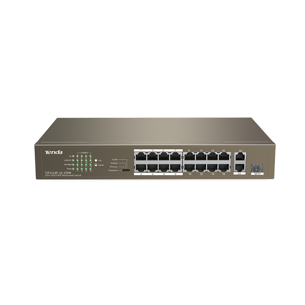 TENDA TEF1118P-16-150W 16 PORT 10/100 POE 2 PORT UPLINK + 1 SFP 150W YONETILEMEZ DESKTOP SWITCH