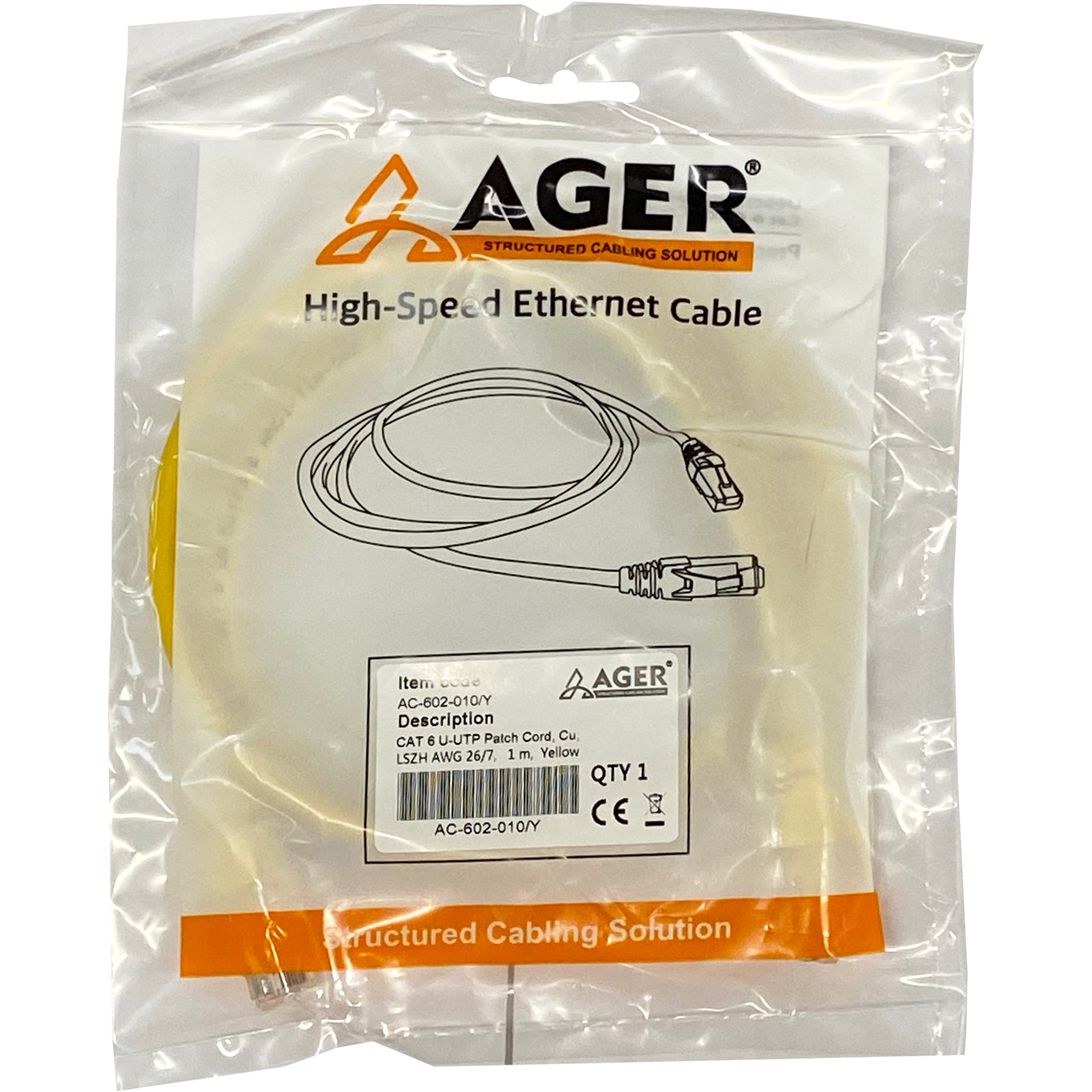 AGER AC-602-010 1MT UTP CAT6 PATCH KABLO SARI Cu, LSZH AWG 26/7