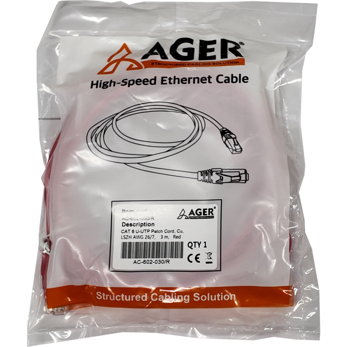 AGER AC-602-030 3 MT UTP CAT6 PATCH KABLO KIRMIZI Cu, LSZH AWG 26/7