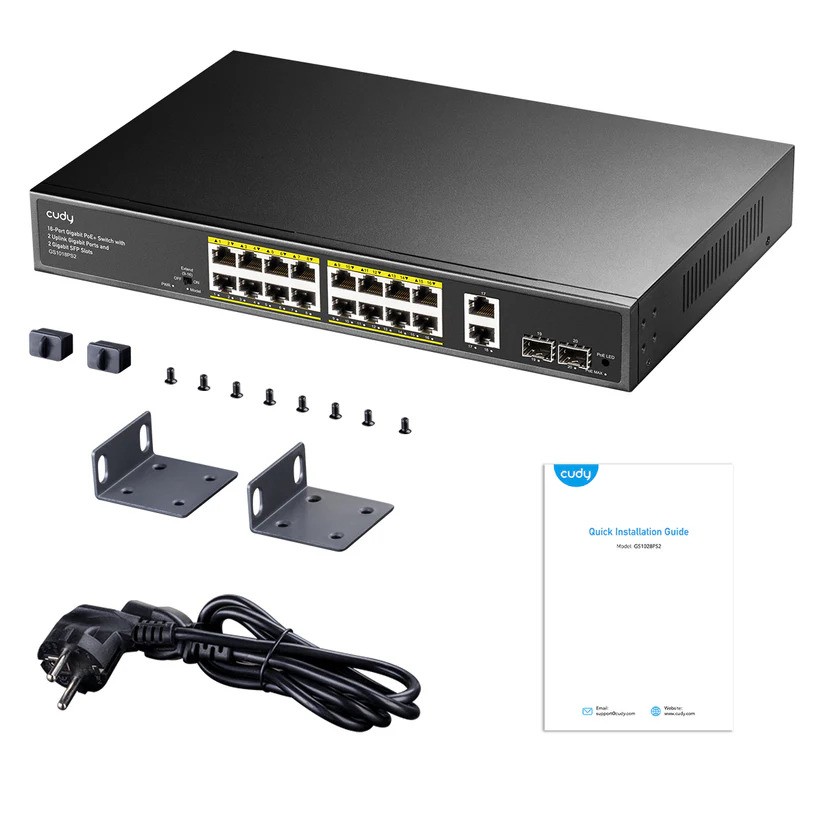 CUDY GS1018PS2 16 PORT 10/100/1000 16 PORT POE+ 2 PORT UPLINK +2 SFP 200W YONETILEMEZ RACK MOUNT SWITCH