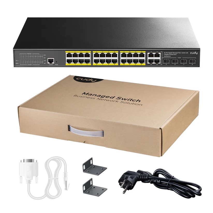 CUDY GS2028PS4-300W 24 PORT 10/100/1000 24 PORT POE+ 4 PORT UPLINK+4 PORT SFP YONETILEBILIR RACK MOUNT SWITCH